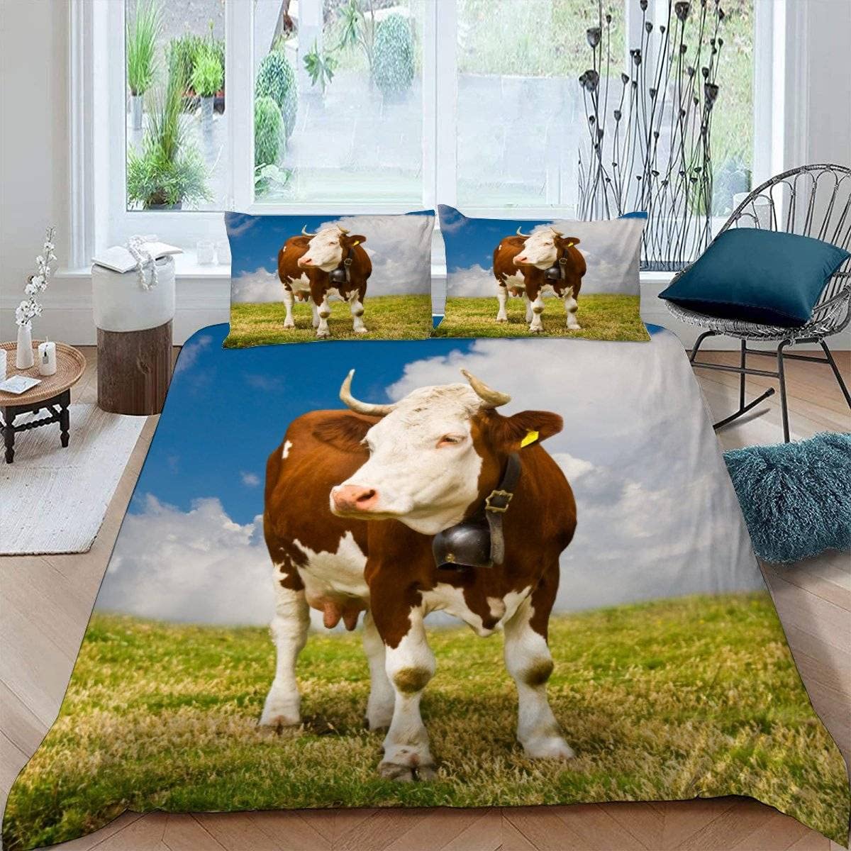 RFFLUX 3D Cow Single Duvet Cover Set 3 Pieces 135x200 Soft Microfiber Farm Animals Cattle Quilt Cover with Zipper Closure Easy Care Bedding Set with 2 Pillowcase for Kids Boys Girls Teens — image 1