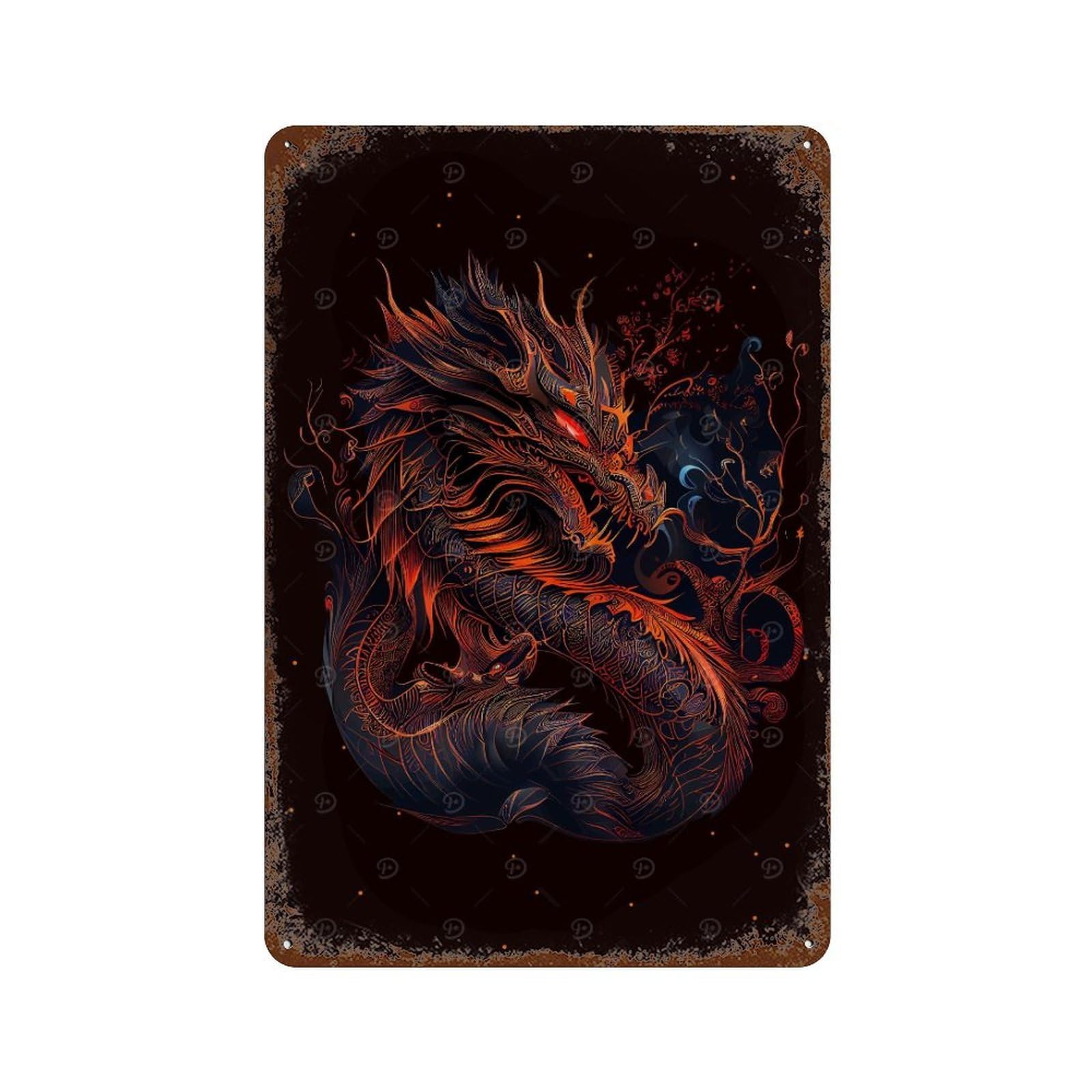 Chinese New Year Dragon Rust Effect Tin Sign 11.8"x7.9", Old School Wall Decor for Living Room, Hallway And Home Decor