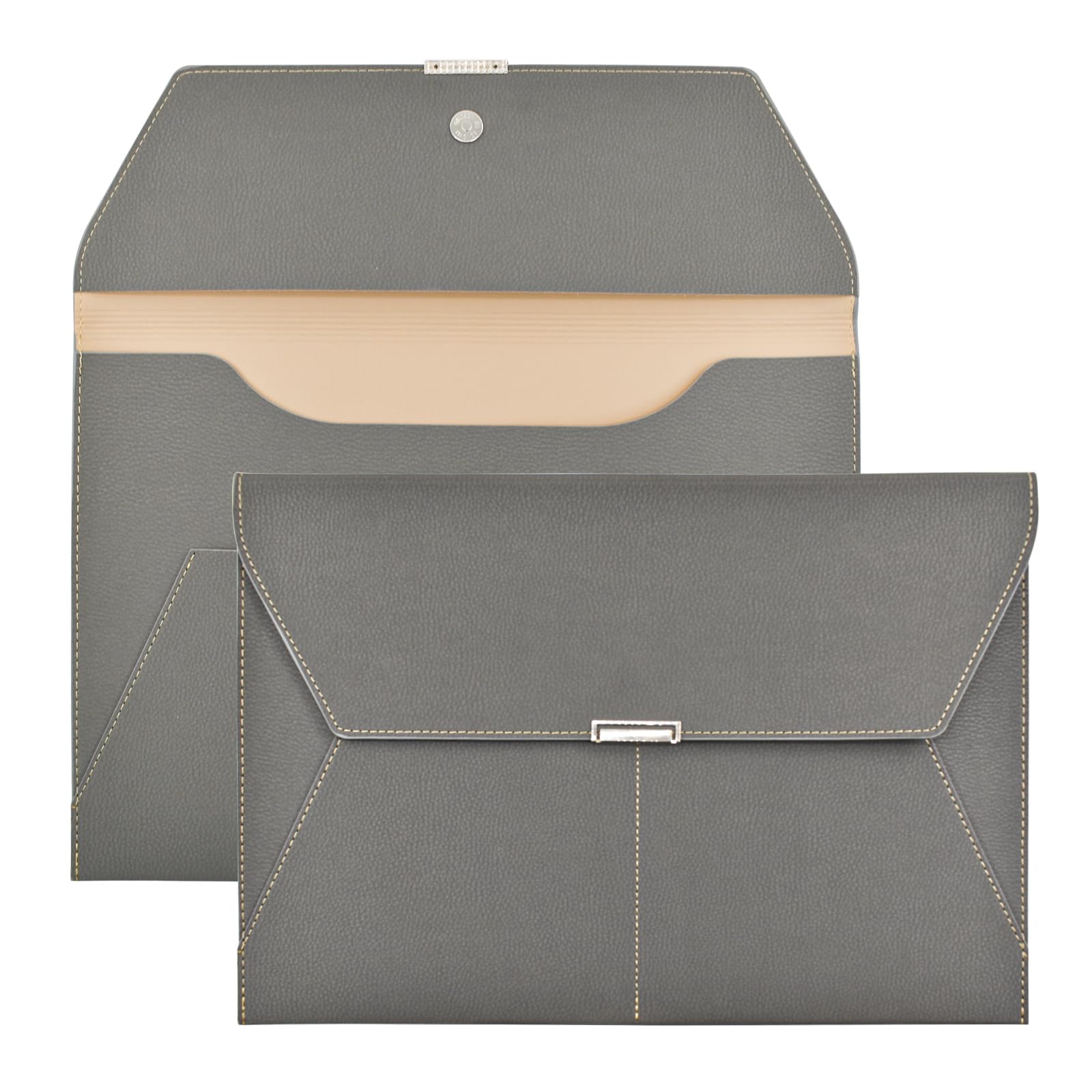 VANRA Carpeta de archivos, organizador de documentos, impermeable, carpeta de cuero con 3 bolsillos, sobres de archivo para papel tamaño carta A4 con cierre de botón magnético a presión (gris)