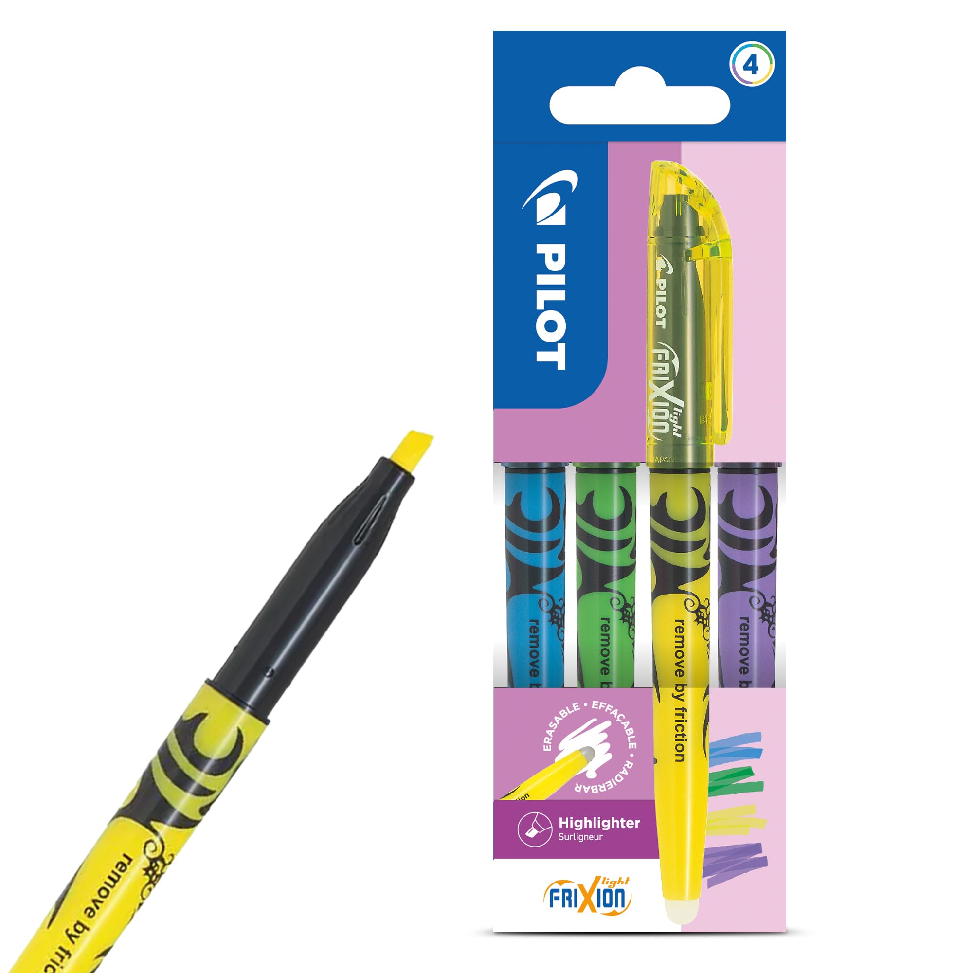 Pilot FriXion Light Erasable Highlighter Pens Set of 4 Blue, Green, Yellow Purple Thermo-Sensitive Ink Smudge-Free Smooth Flow 4.0mm Tip with Clip for Studying Journaling Planners Notes & Office Use