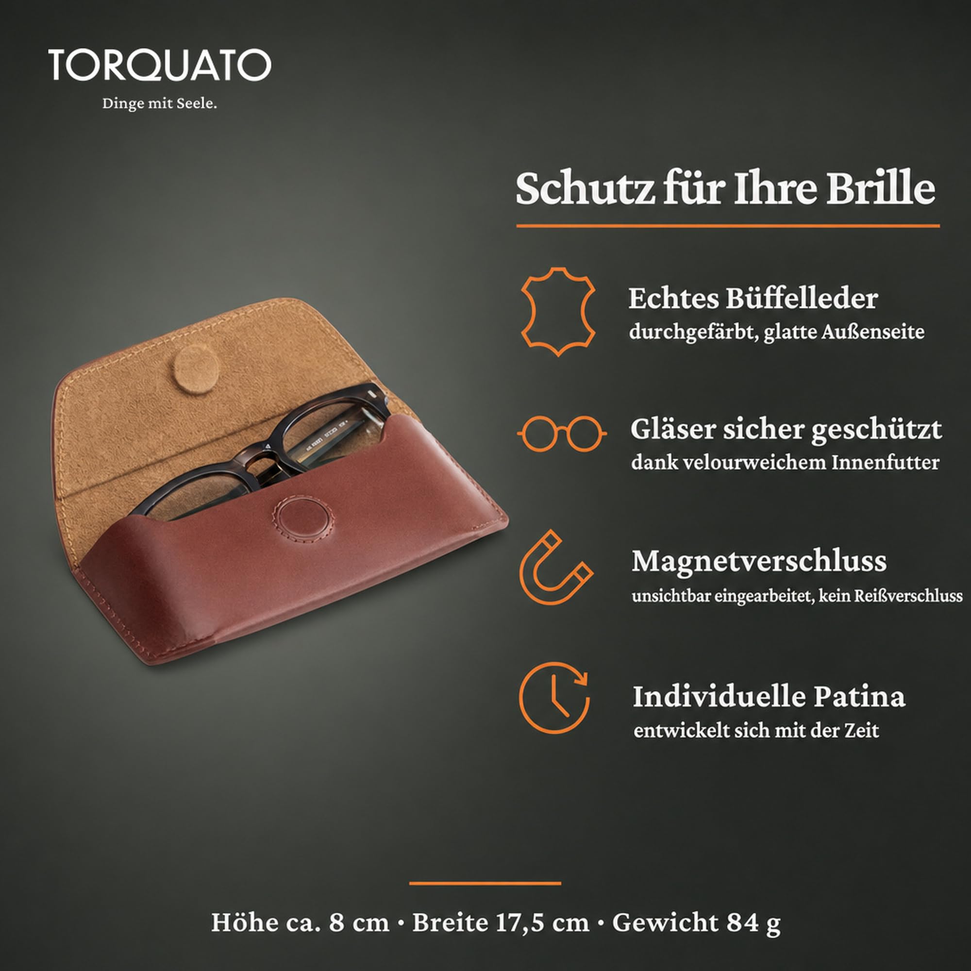 Torquato Brillenetui Leder, Büffelleder, Magnetverschluss, 17,5x8 cm | velourweiches Innenfutter, individuelle Patina, für Brillen und Lesebrillen, Geschenk mit Charakter