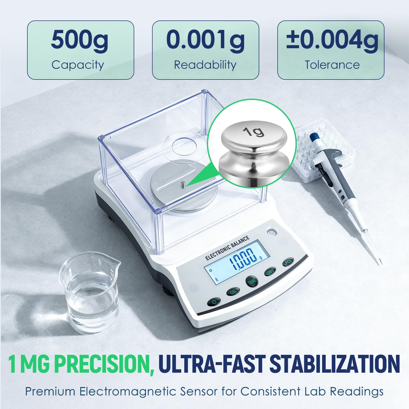 Antstone Bilancia da laboratorio 0,001 g Precisione 500 g Digital Scientific 1 mg Bilancia analitica di precisione da laboratorio Bilancia analitica di precisione 001 grammi leggibilità (500 g)