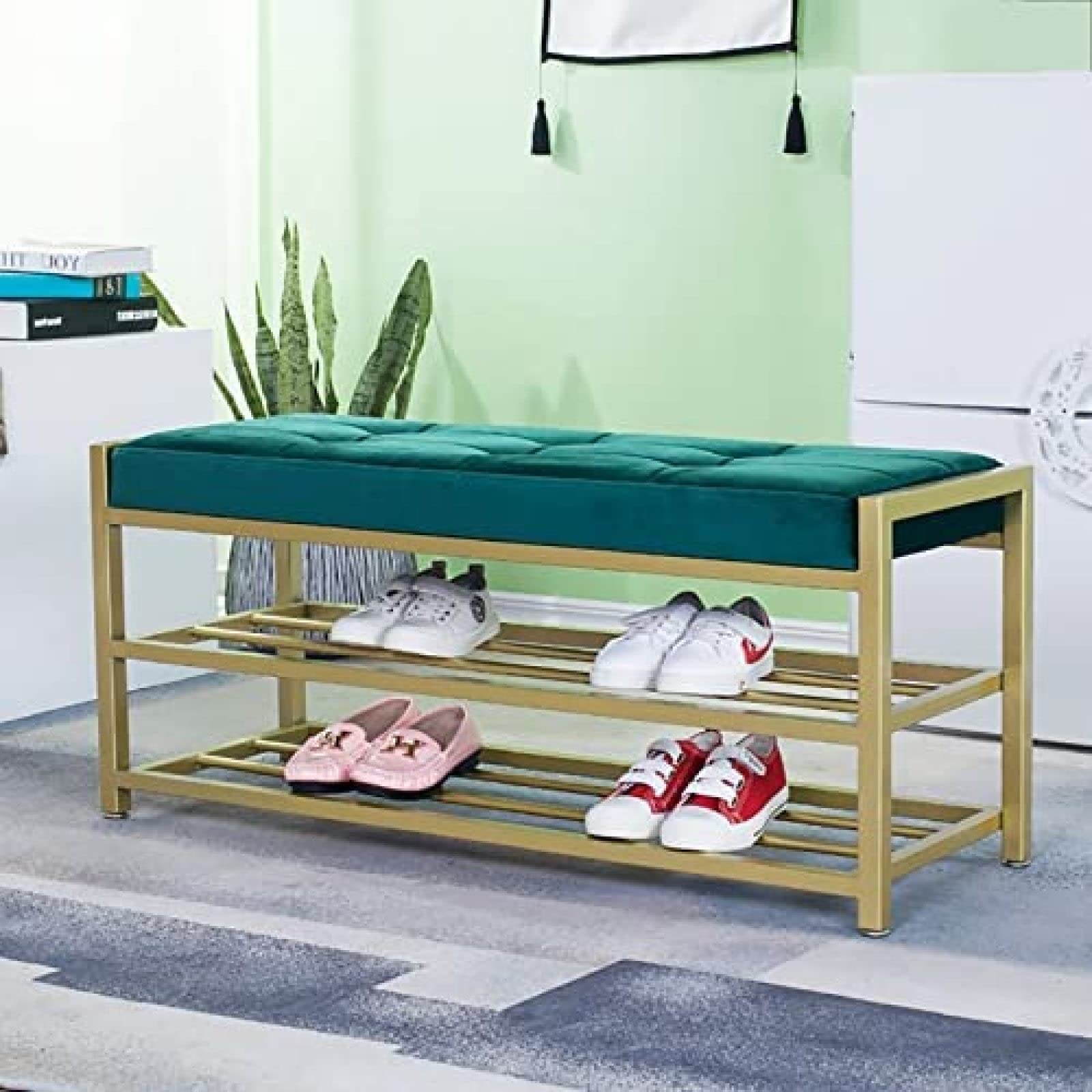 Banc à chaussures en velours violet 120cm avec étagère dorée moderne