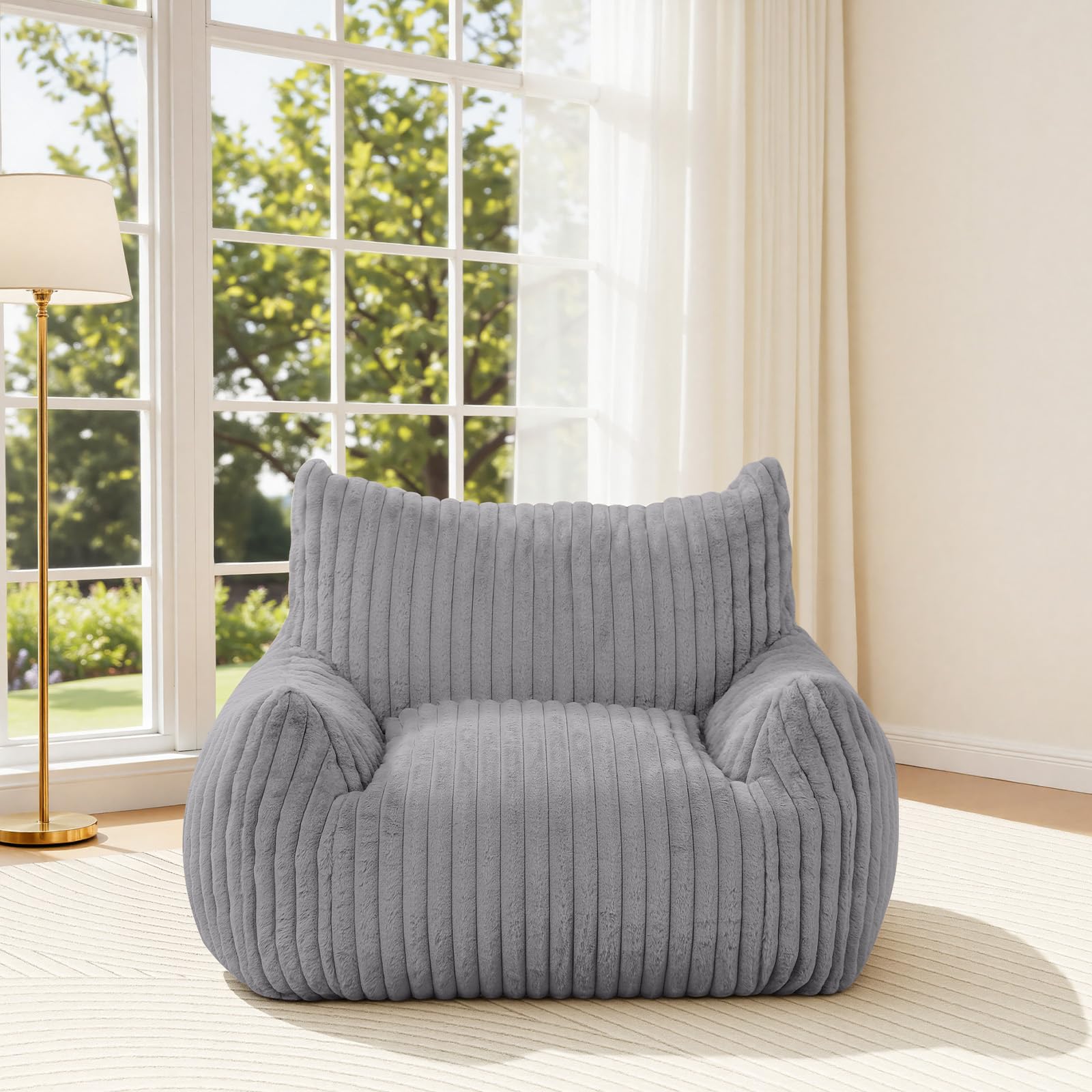 MeMoreCool Large Bean Bag Chair for Adults, Soft Plush Giant Bean Bag Couch, Shredded Foam Filling, Comfy Floor Accent Sofa, Perfect for Living Room & Bedroom, 104x95cm, Grey