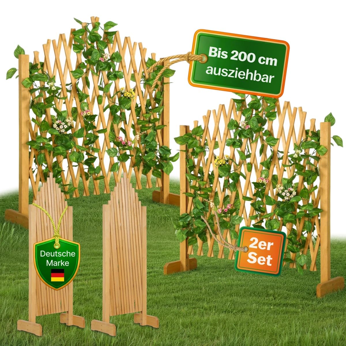 Gardebruk 2x Griglia Flessibile Estendibile in Legno da Giardino 200 cm Pieghevole Grigliato per Rampicanti Recinzione Balcone Separatore