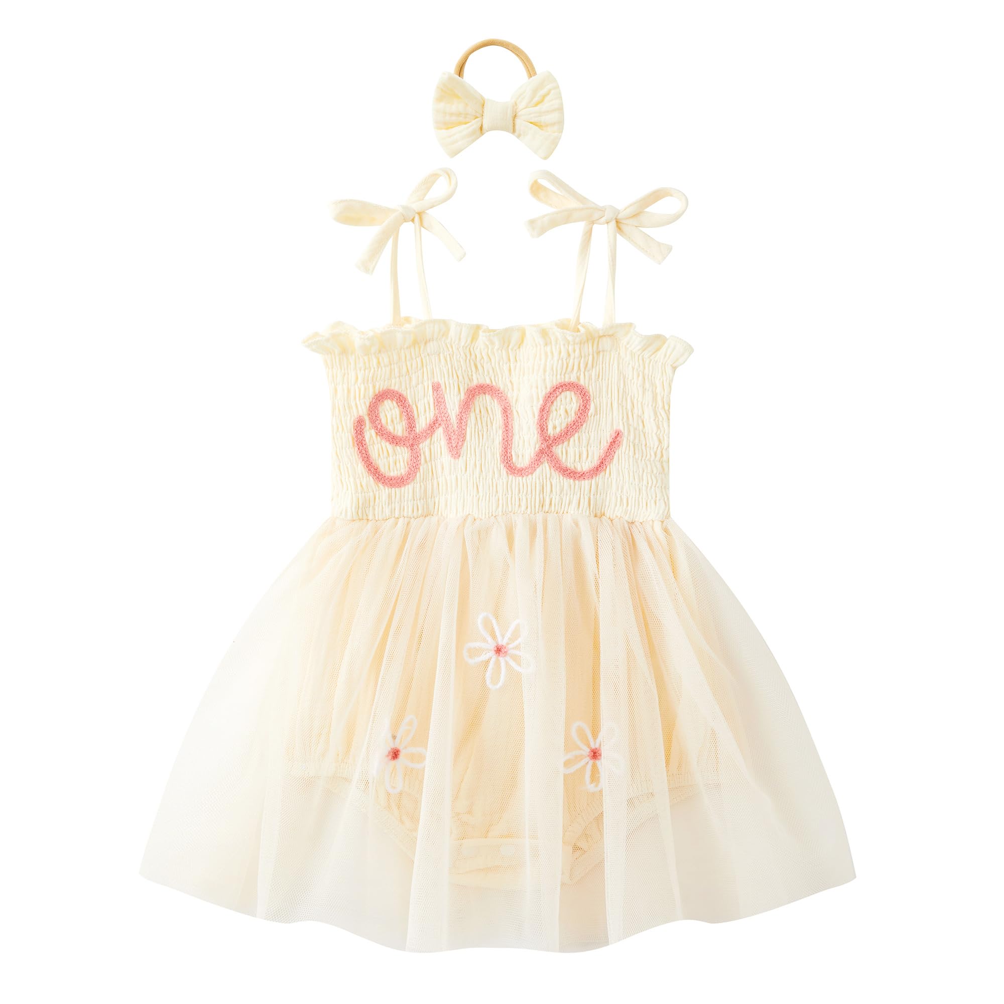 DLLYING Baby Girl First Birthday Outfit Summer Sleeveless Smocked Fairy Berry One Romper Tulle Dress + Headband