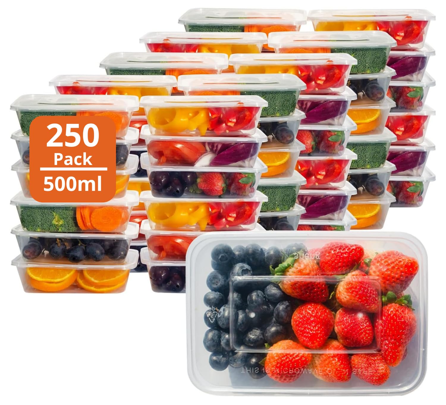 250 x 500ml Food Storage Containers with Lids - Heavy Duty Microwave Freezer Dishwasher Safe Recyclable Takeaway Meal Prep Containers and Lids for Home & Restaurant - Catering Grade Plastic BPA Free