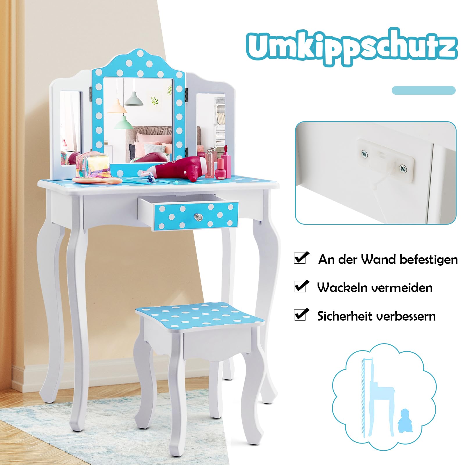 DREAMADE 2 in 1 Schminktisch Kinder mit Hocker und Abnehmbarer Spiegel, Prinzessin Frisiertisch mit Schublade Kosmetiktisch aus Holz, Kinderschminktisch für mädchen (Pünktchenmuster-Blau)