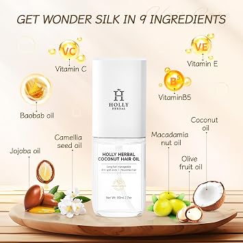 HOLLY HERBAL Coconut Oil Hair Mist - Weightless Leave-In Treatment with 6 Plant Extracts - Frizz-Free, Moisturizing & Shine, Paraben & Sulfate-Free (2.7 Fl Oz)