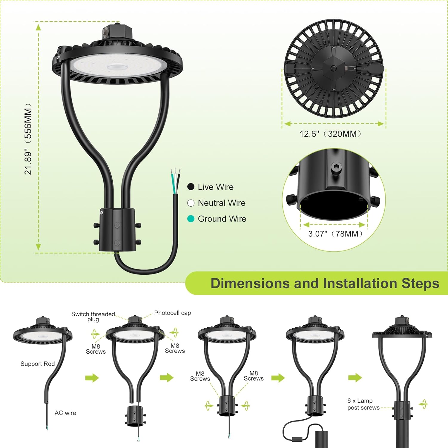 Commercial LED Post Top Light, 150W/120W/90W & 3000K/4000K/5000K Selectable, DLC & ETL Listed, 22500LM Post Circle Area Lights with Photocell, IP65 Waterproof for Yard Street, AC100-277V