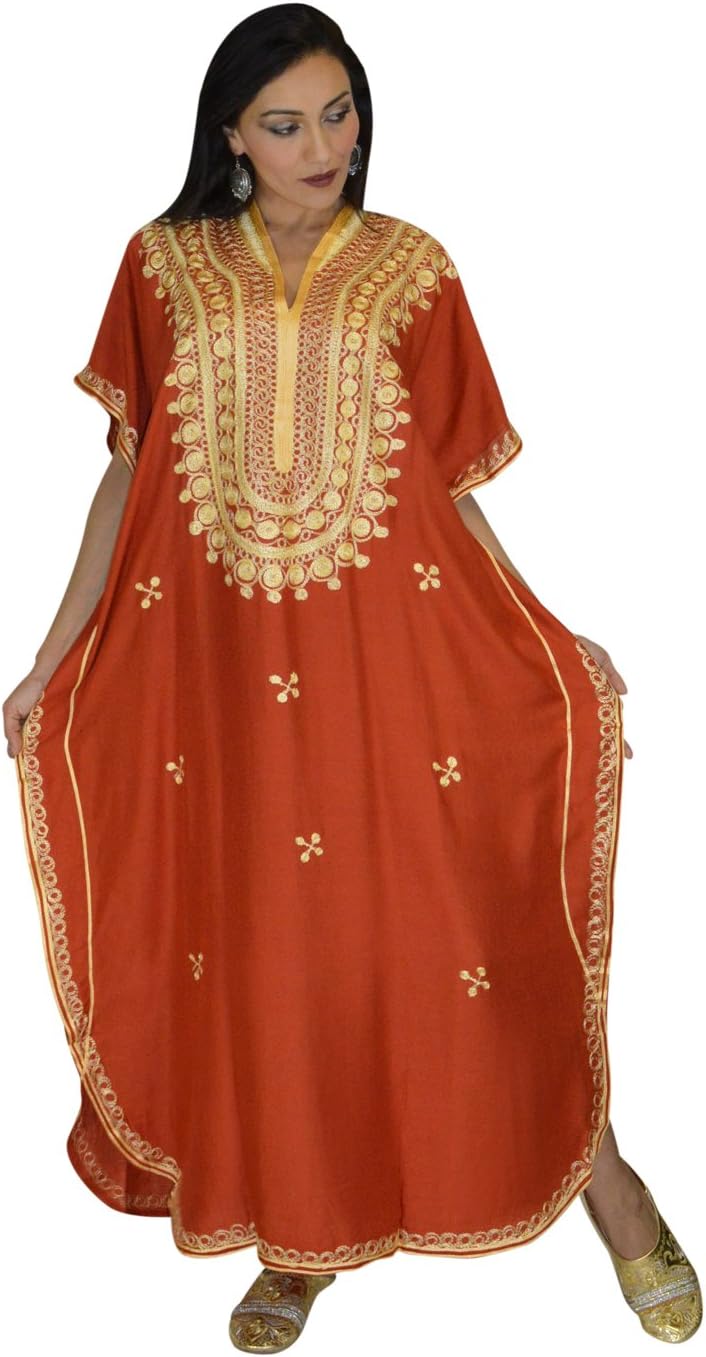 Treasues of Morocco Women Caftan Handmade Breathable Cotton Short Sleeve with Gold Hand Embroidery one Size Orange