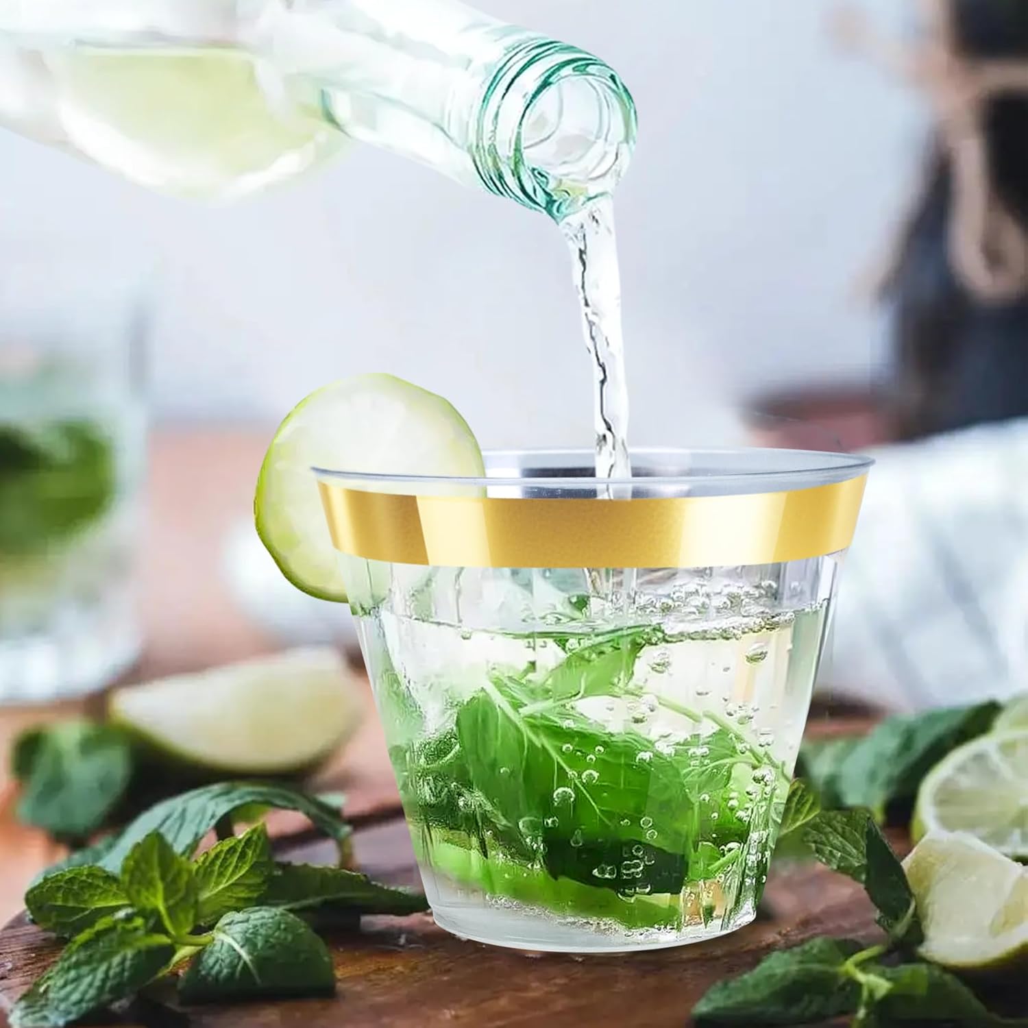 [200 Pack] 9oz Clear Plastic Cups with Gold Rimmed Sturdy & Food Safe Disposable Wine Glasses Party Wedding Cups Disposable Drinking Cups Plastic Cocktail Glasses for Wine, Juice & Cold Beverages - Image 2