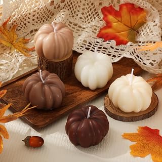 Whaline Fall Pumpkin Candles White Brown Pumpkin Shaped Wax Candles Autumn Thanksgiving Table Decoration for Bedroom Bathroom Home Party Supplies, 5 Pcs