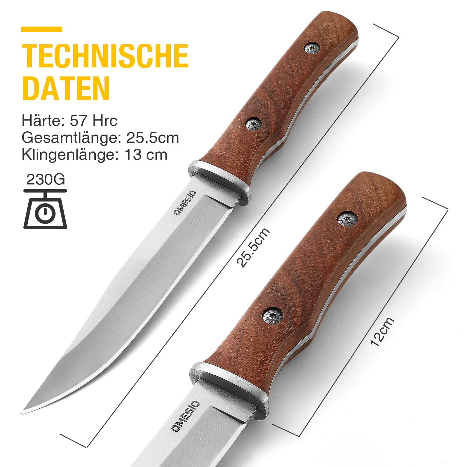 Omesio Cuchillo de Caza Cuchillo Supervivencia de Hoja Fija Caza Cuchillos de Hoja Fija Senderismo bushcraft al Aire Libre, Madera