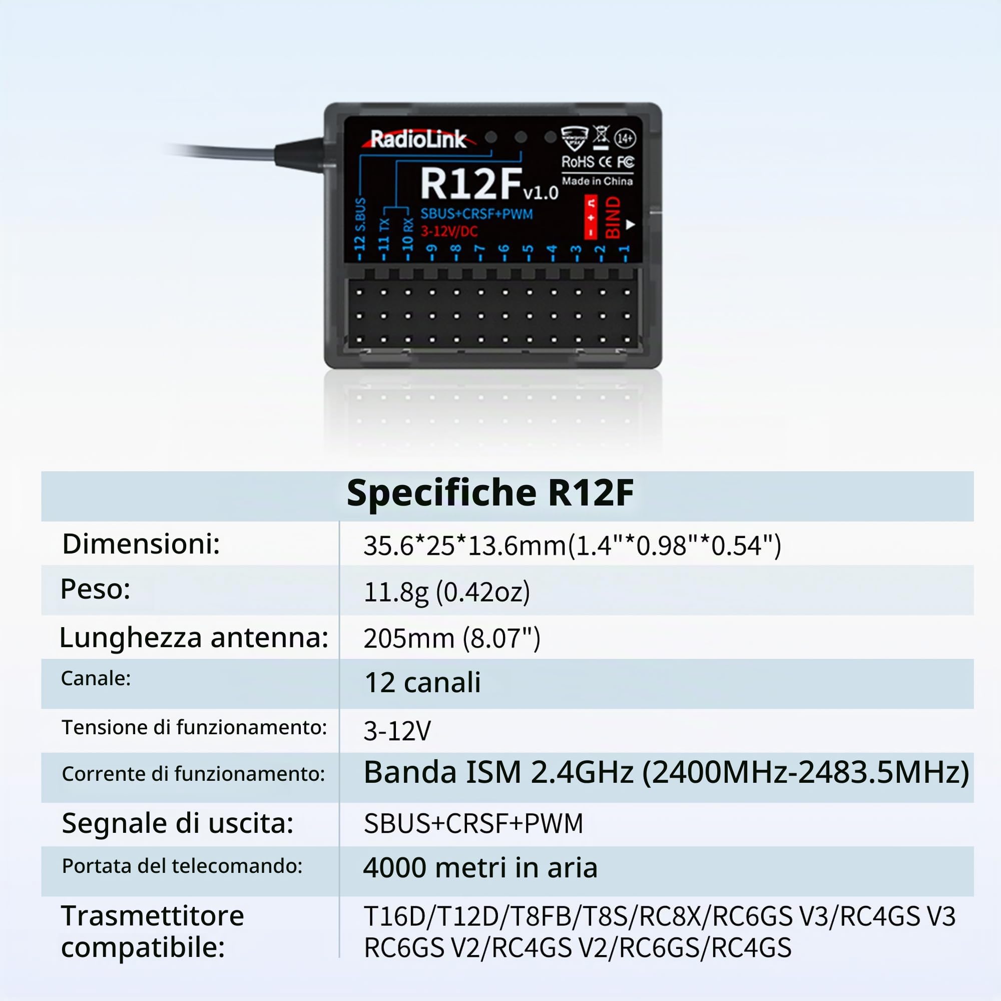 Radiolink Ricevitore RC R12F a 12 canali 2,4 GHz compatibile con trasmettitori T16D/T12D/T8FB/T8S/RC4GS V3/RC6GS V3, ideale per aerei RC, jet, auto, barche e robot
