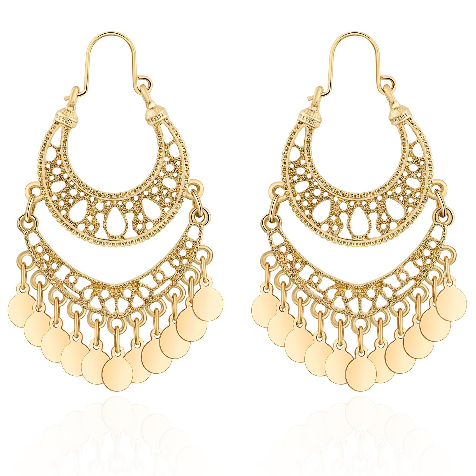 Photo 1 of 18K Gold Plated Filigree Dangling Large Gold Plated Chandelier Earrings for Women Indian Jewelry for Women