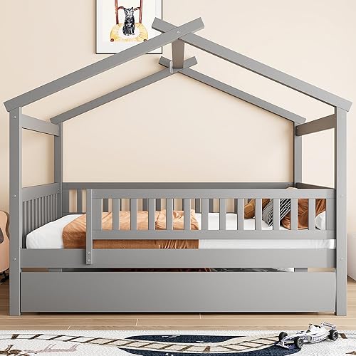 Miniatura 19 de Bellemave Cama de casa tamaño matrimonial con barandillas de valla, marco de cama de madera estilo Montessori para niños, divertidas camas de casa