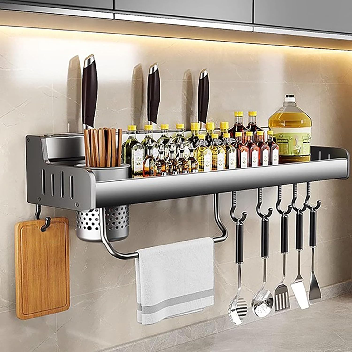 キッチン 収納 パーティションストレージ 強力な耐荷重性 調味料ラック アルミニウム素材 耐腐食性 防錆性 壁 穴開けない 棚 適用