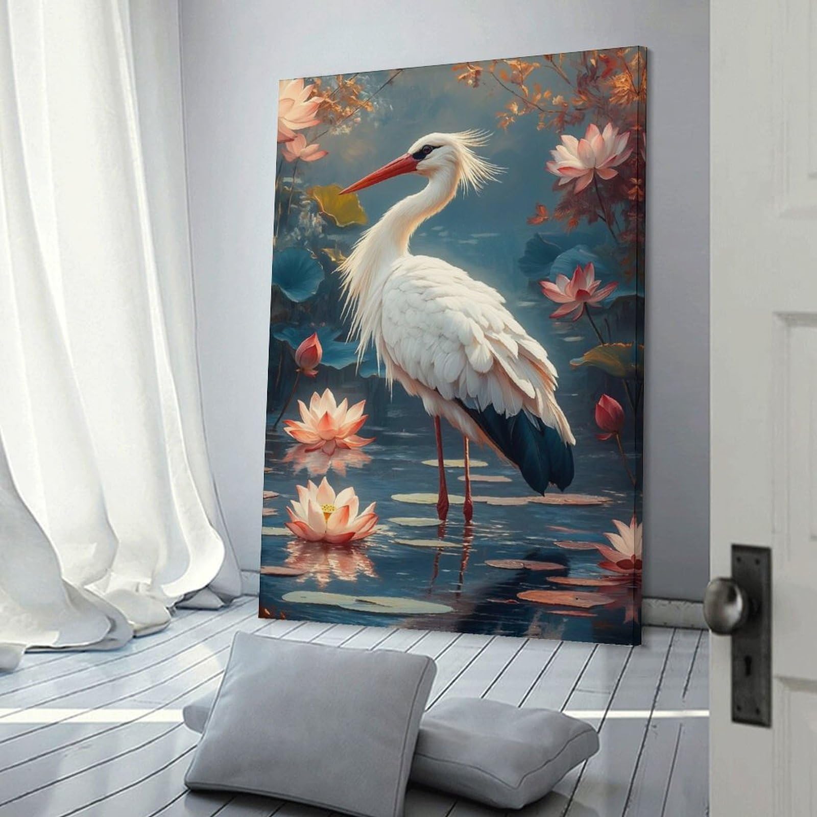 Junmoney Frame-Style-6 Wall Picture Print Stork In Lotus Pond, 20X30inch(50X75cm), For Contemporary Homes, Apartments Or Offices, Decorative Canvas Decor For Home Updates