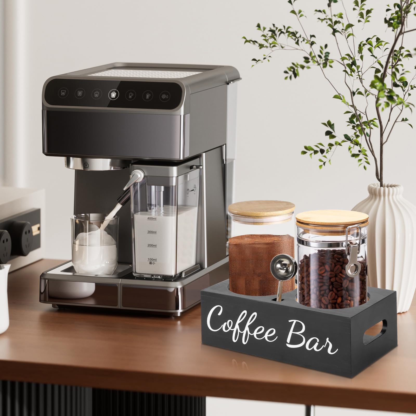Kaffeedose Luftdicht 1kg Bohnen, 1500ML Elegante Glas-Kaffeebehälter mit 2 verschließbaren Behältern, Luftdicht Aufbewahrungsdose mit Regal Löffel für Kaffeebohnen, Kaffee Tee Zucker Nüsse