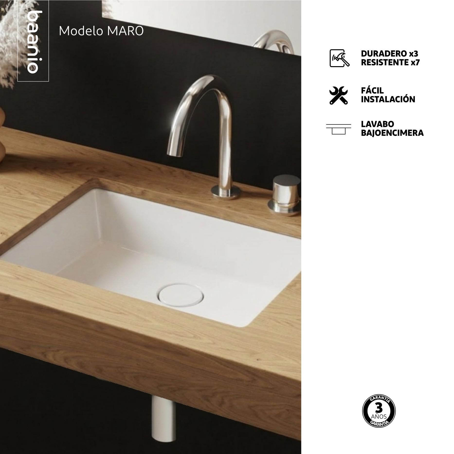 Maro - Lavabo Bajo Encimera 53 cm - Cerámica Blanco Brillo - Con Rebosadero - Certificado CE