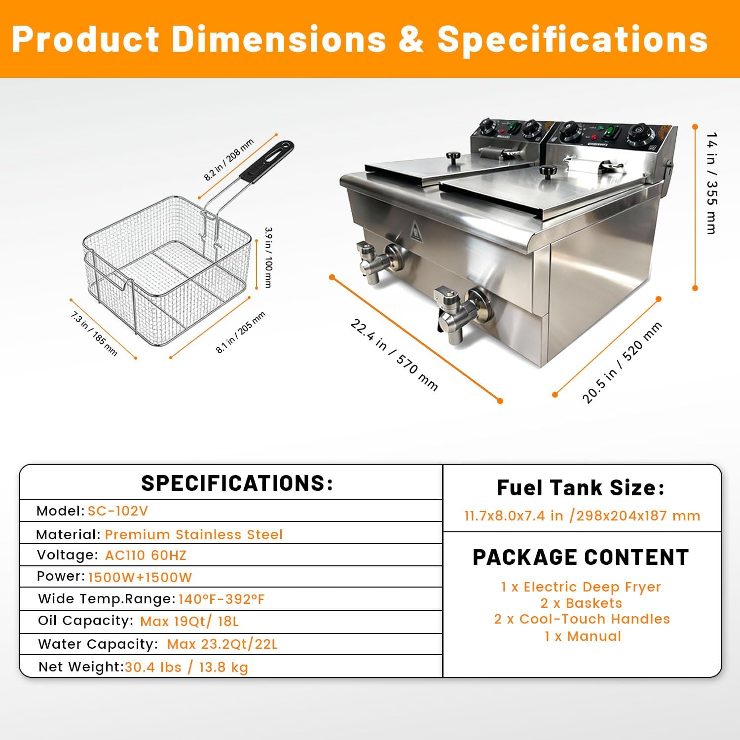 Commercial Electric Deep Fryer with Basket, 23.2Qt/22L Dual-Tank Large Capacity Stainless Steel Fryer, 3000W Rapid Heating, Timer&Drain, ETL Certified for Restaurant, Concession Stand & Home Use