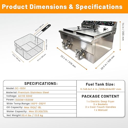 Miniatura 9 de Freidora comercial con canastas, 3000 W, 2 x 11.6 cuartos de galón11 L, desmontable de gran capacidad, de acero inoxidable, freidora de aceite