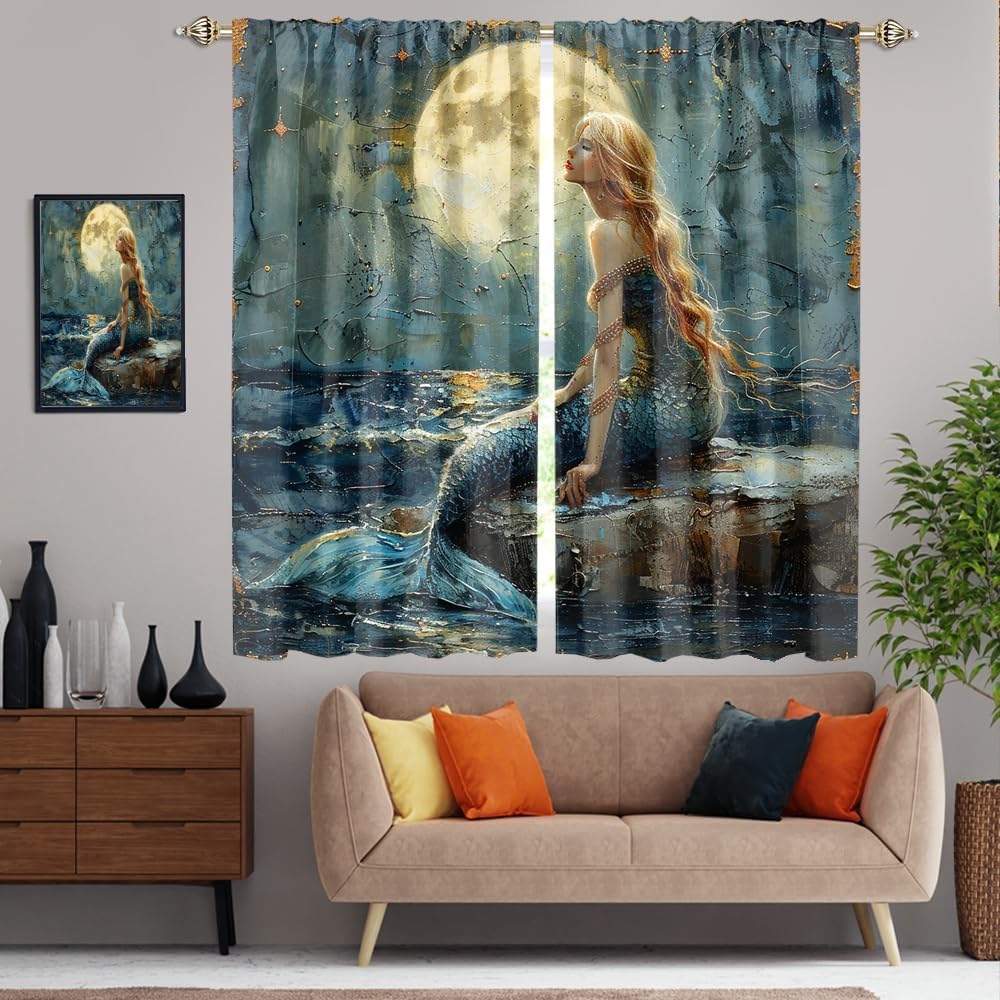 Denruny Rustic Abstract Mermaid Full Moon Blackout Curtain Vintage Oil Painting Anime Summer Beach Mermaid Rod Pocket Window Thermal Insulating Drapes Decor for Living Curtains 2 Panels 54" L x 21" W
