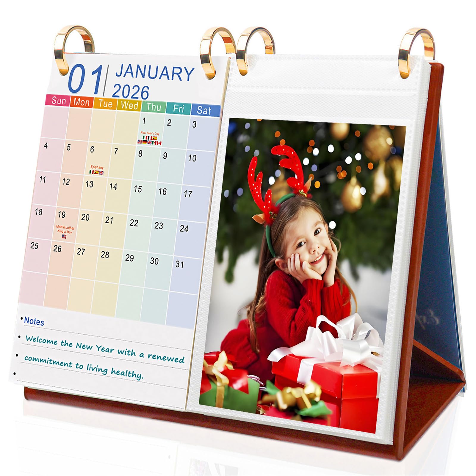 ZEEYUAN 4x6 Standing Photo Album with 2026 Desk Calendar/Jan. 2026 - Jun. 2027, 40 Pockets of 4x6 Flip Desktop Photo Album on Stand Doule-side Displaying Pictures
