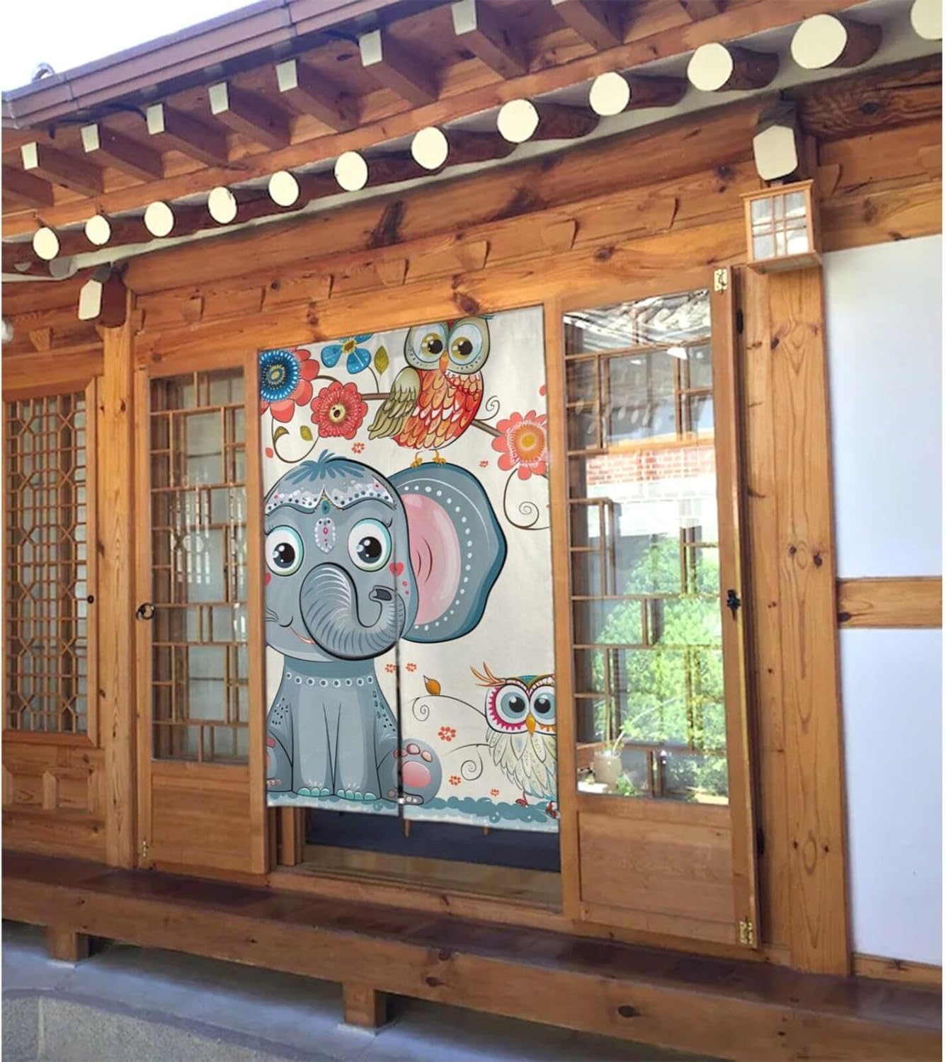 Soft Fabric Privacy Door Curtain 2 Panels, Cartoon Elephant and Owls Floral Print Excellent Drape Door Banner for Room Dividing, Window & Decor, 34x56 Inch