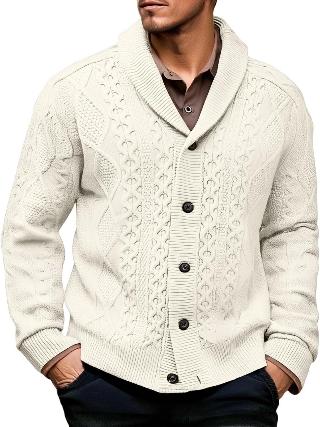 Ymosrh Men's Shawl Collar Cardigan Sweater, Long Sleeve Button Up Fall Winter Cable Knit Sweaters, M-3XL