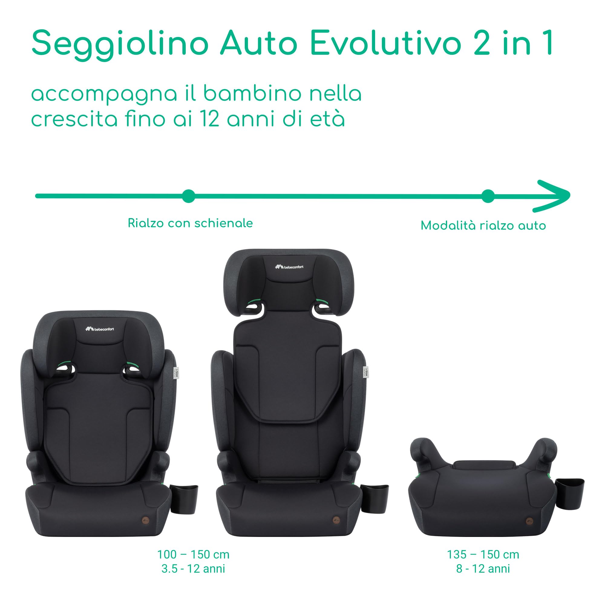 Bebeconfort Ride i-Safe Seggiolino Auto Bambini 100-150 cm (3,5-12 Anni), Gruppo 2/3, Rialzo Auto con Schienale Rimovibile, R129, Leggero 3,4 kg, Poggiatesta Regolabile 11 Posizioni, Portabibite, Nero