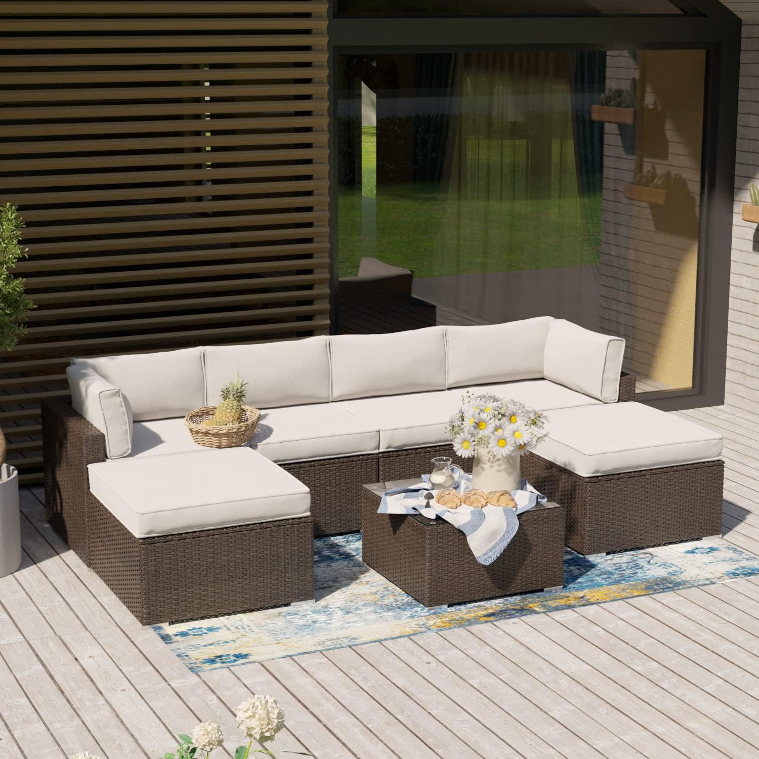 SUNBURY 7-Pieces Outdoor Furniture Set, All-Weather Wicker Patio Conversation Sets Sectional Sofa w Pillows, Cushions, Coffee Table, Ottomans, Patio Furniture Set for Backyard Garden Pool (Off-White)