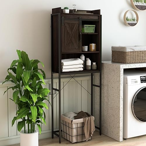 Miniatura 3 de Giantex Armario de almacenamiento sobre el inodoro, estante organizador de baño independiente de 4 niveles con estante ajustable, puerta corrediza