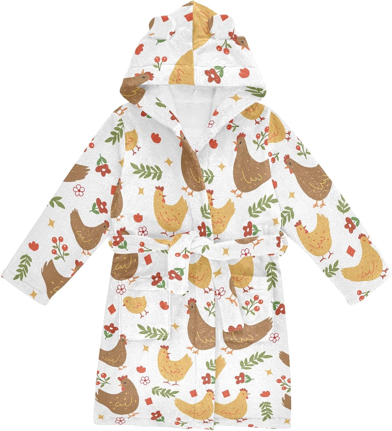Cute Cartoon Chicken Prints Toddler Hooded Bathrobe for Boys Girls Soft Plush Bath Towel Robe 2-12 Years