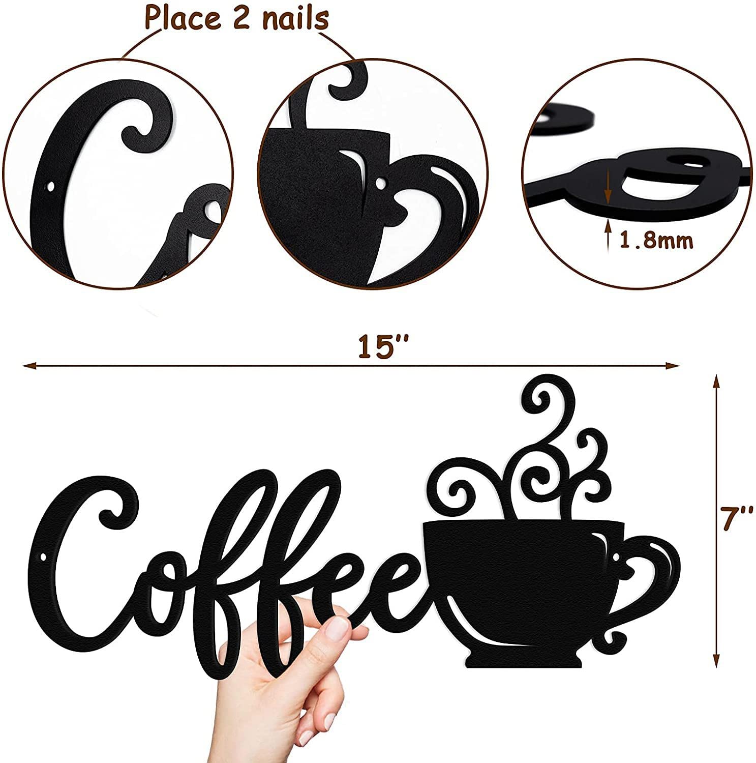 QSHU HUNG Coffee Cup Metal Wall Art Coffee Wall Sculpture Sign Wall Decor for Kitchen Restaurant Shop Decors Accessories