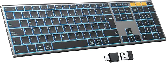 OMOTON Clavier Bluetooth sans fil, boîtier en métal, clavier sans fil éclairé (2,4 G+BT) rechargeable, multi-appareils, clavier sans fil, silencieux, ergonomique, QWERTZ allemand pour Windows/macOS/PC