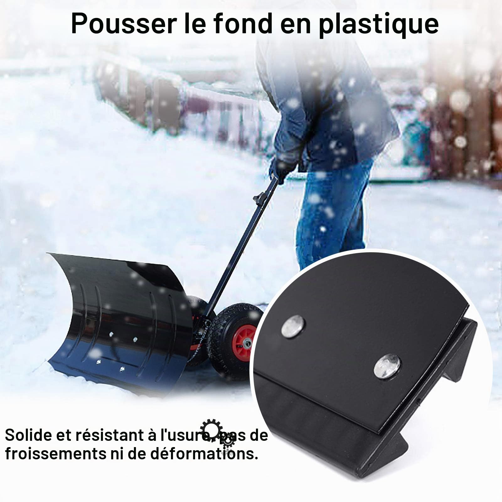 Aufun Pelle à neige avec roues, réglable en hauteur, Déneigement confortable, Pelle à neige métallique préservant le dos, Largeur de travail 75 cm, Hauteur 42 cm