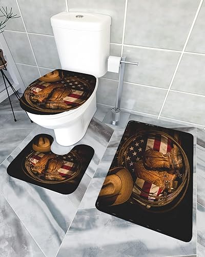 Miniatura 2 de T&H Home - Juego de 3 alfombras de baño para baño, tapete occidental de Estados Unidos, sombrero de vaquero con cuerda de botas en la bandera