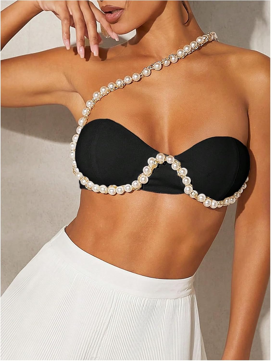 OYOANGLE Women's Pearl Beaded One Shoulder Cut Out Micro Crop Top Party Clubwear Sleeveless Tops - Image 2