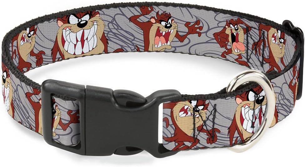 Buckle-Down Plastic Clip Collar - Tasmanian Devil Expressions Gray Swirl - 1.5" Wide - Fits 18-32" Neck - Large