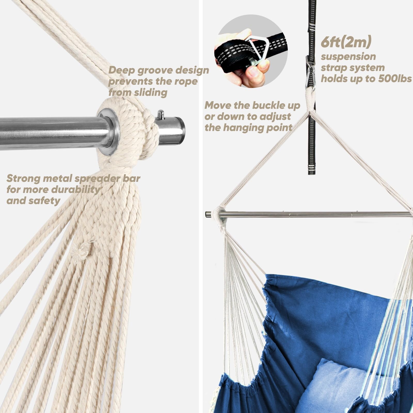Chihee Hammock Chair Swing Chair Strong Metal Collapsible Spreader Bar Portable Hanging Chair Max 330 lbs Comfy Seat Patio Lawn Chair Cotton Blended for Superior Comfort Durability Indoor Outdoor main image 0