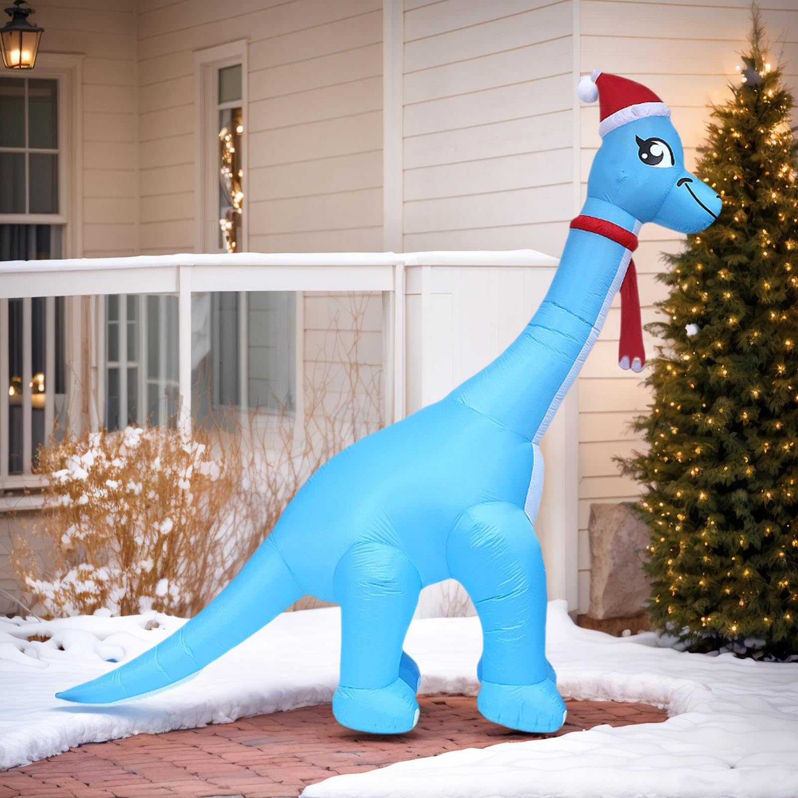 Christmas Inflatable Ogromny Oświetlony Dinozaur Dekoracje Imprezowe | Zewnętrzne Inflatable z Mikołajową Czapką na Święta do Ogrodu Podwórka Tarasu Podjazdu Drzwi Wejściowych