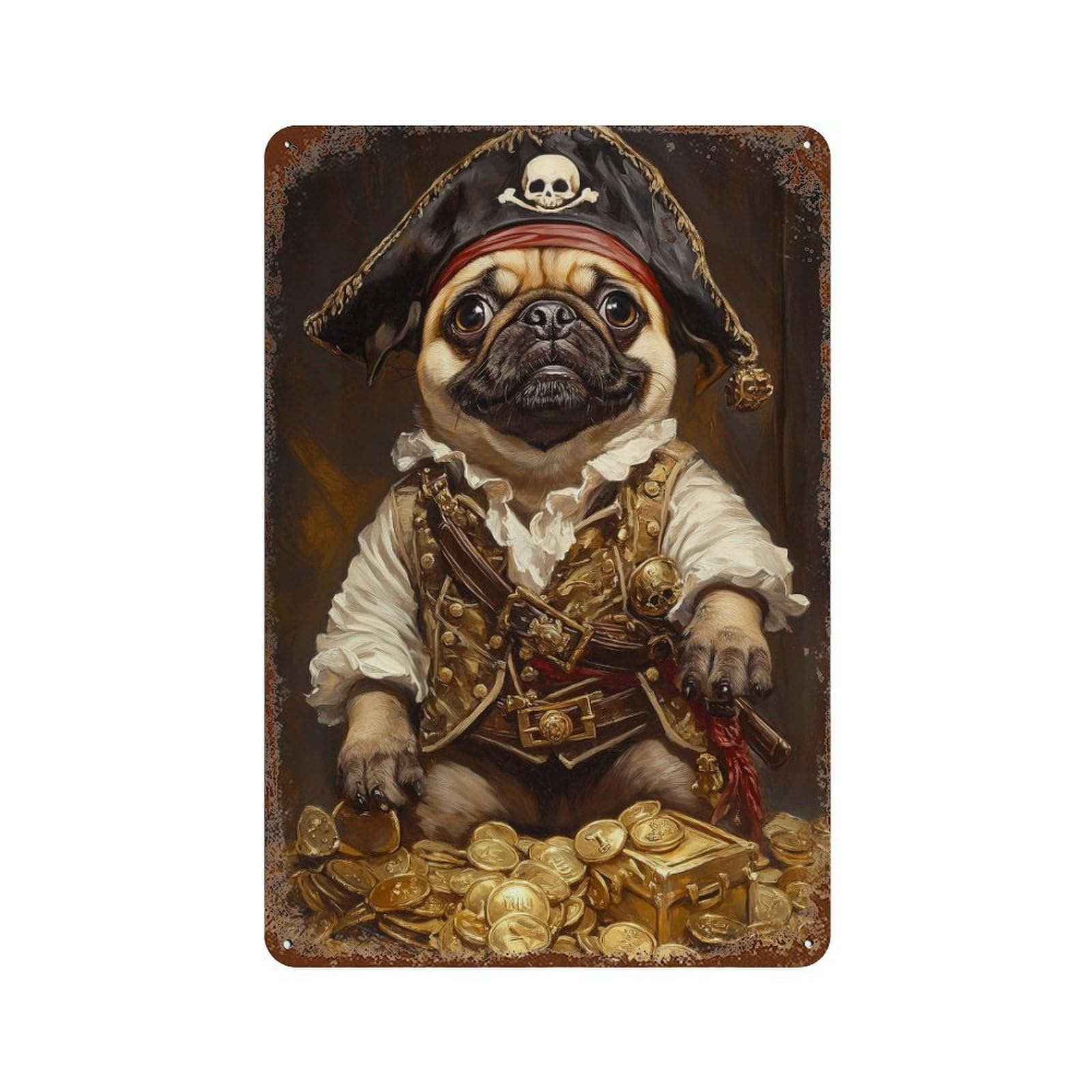 Rustic Tin Plaque Pug Pirate Treasure Chest 11.8"x7.9", Vintage Wall Decor for Pub, Kitchen And Man Cave Decor