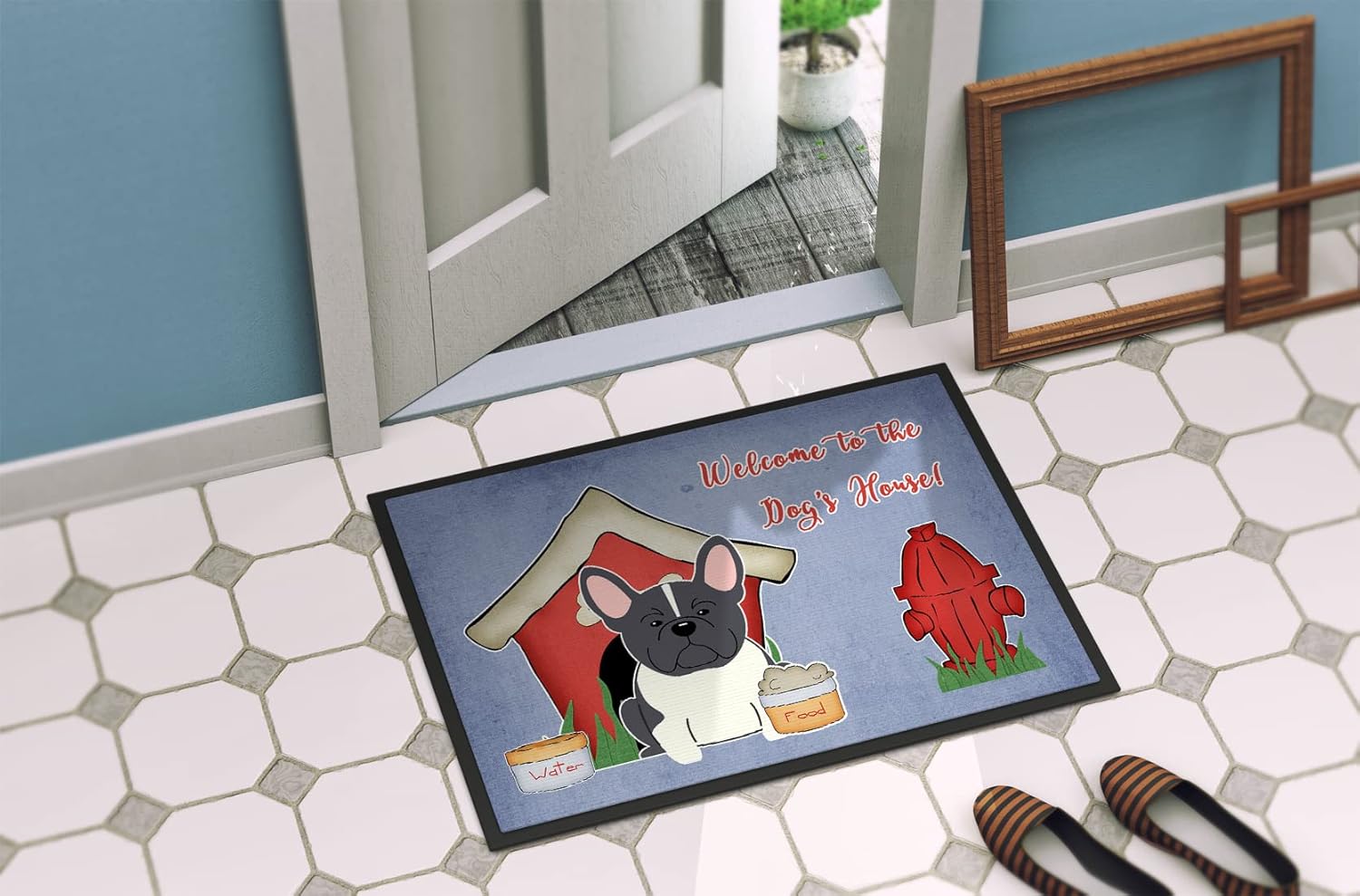 Caroline's Treasures BB2766MAT Dog House Collection French Bulldog Black White Doormat 18x27 Front Door Mat Indoor Outdoor Rugs for Entryway, Non Slip Washable Low Pile, 18H X 27W