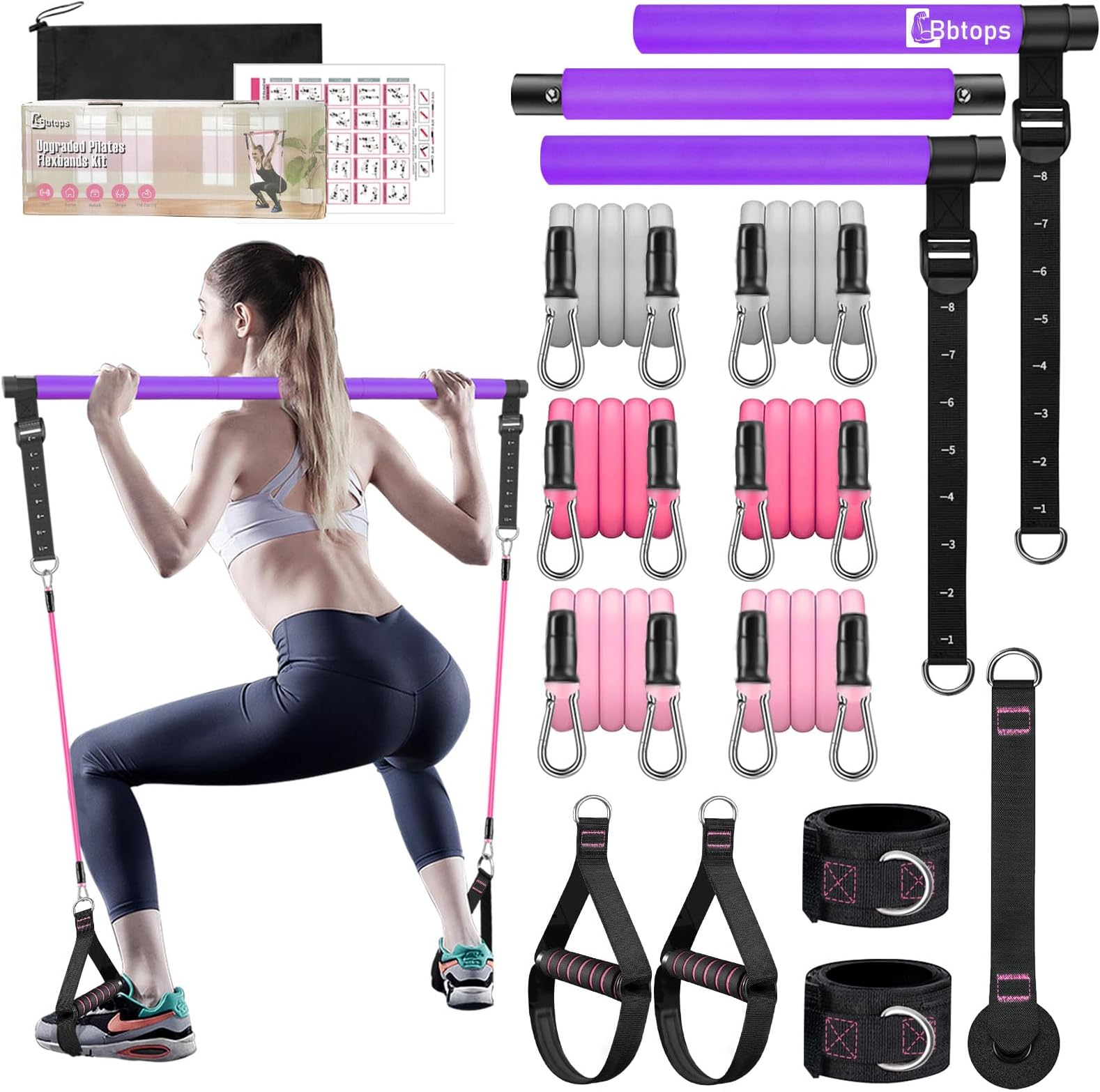 Bbtops Pilates Bar Kit with Resistance Bands,Pilates Bar with Stackable Bands Workout Equipment for Legs,Hip,Waist and Arm,Exercise Fitness Equipment for Women & Men Home Gym Yoga Pilates