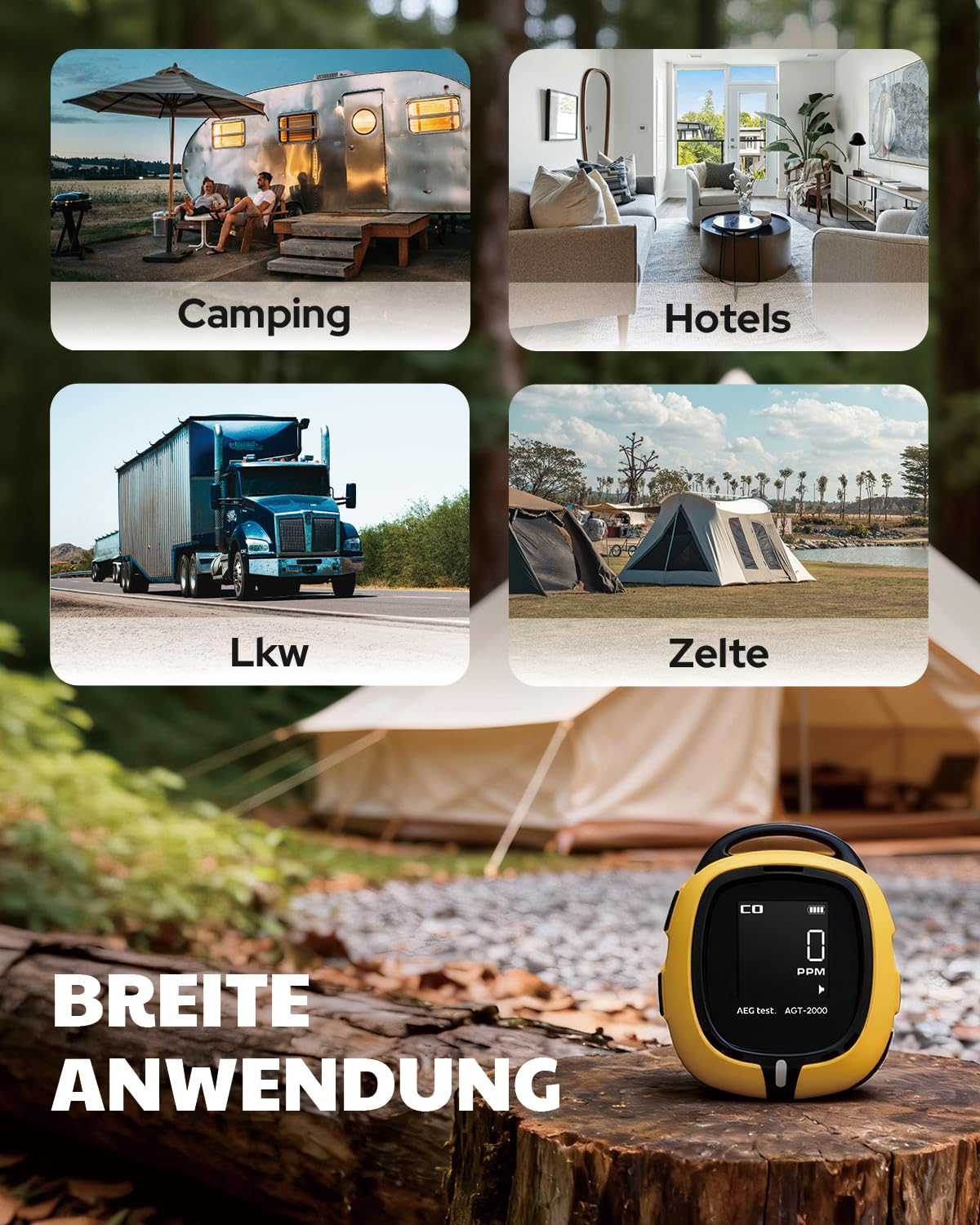 AGT-2000 Tragbarer Kohlenmonoxid-Detektor, 240 Stunden Standby, CO-Detektor mit Akustischen & Visuellen Alarmen für Camping&Reisen, CO-Messgerät mit integrierter Notfalltaschenlamp
