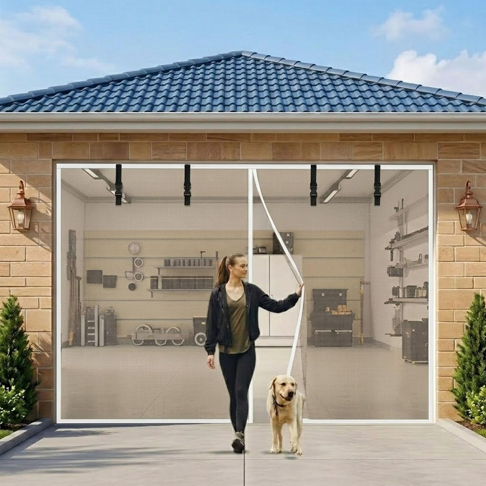 Voirda White Garage Screen Doors, Magnetic Heavy Duty Fly Mesh Screen For 2 Car Garage, Retractable Anti Mosquito Net With Automatic Closure, 240X180cm-470X230cm Pet Safe Bug Screen For Patio(,240X220cm(Wxh))