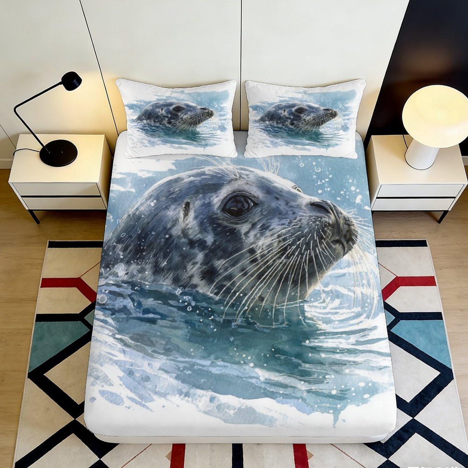3D Printed Seal Animal Fitted Sheet Microfiber Durable Soft 3D Printed Ocean Seal Mattress Cover for Bedroom Dormitory Guest Room Mattress Protection 180x200x25cm