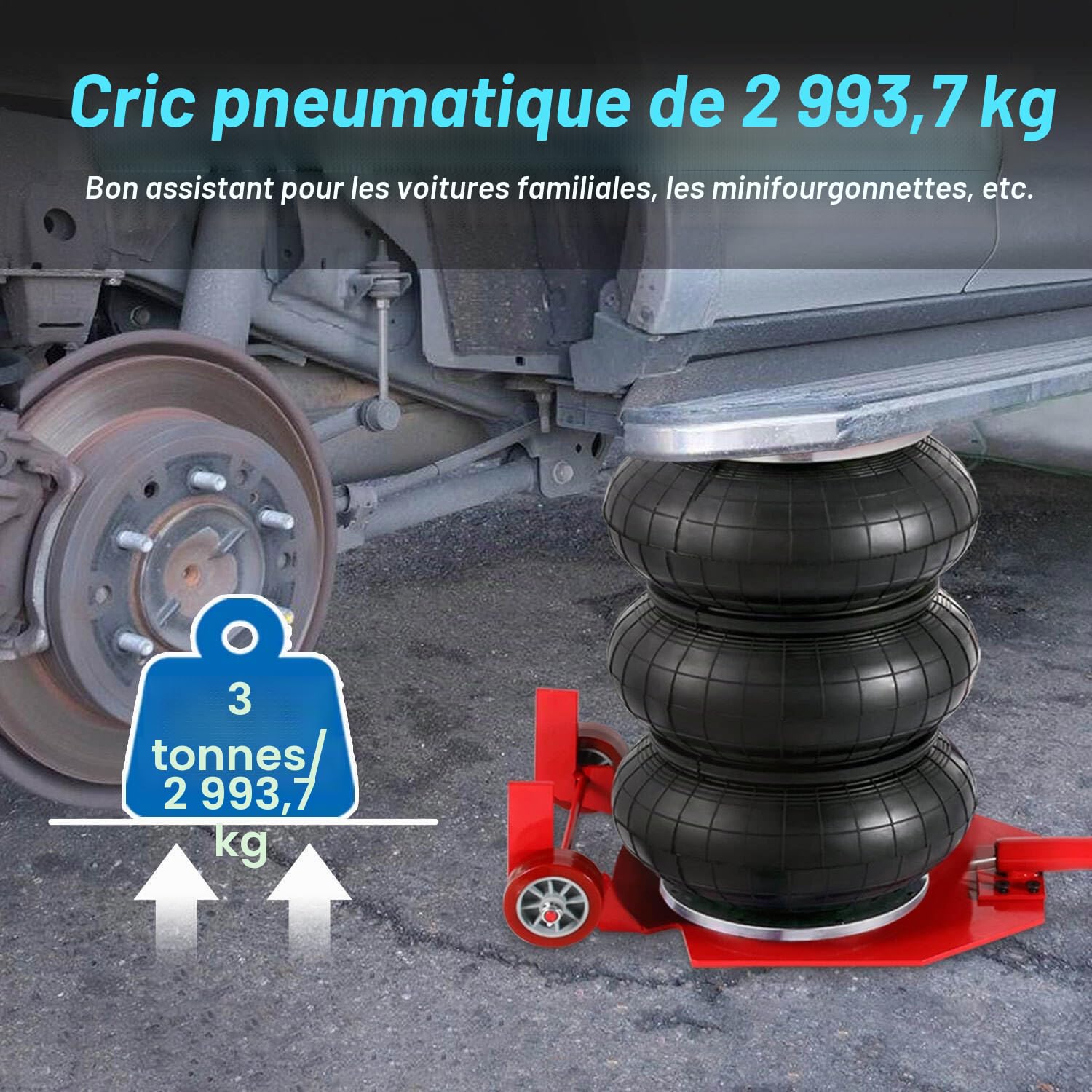 Cric pneumatique 3T, course de 40 cm en 5 secondes, triple sac à air robuste (150-400 mm) avec valve de sécurité, vérin d'air 3T pour SUV, camion et atelier